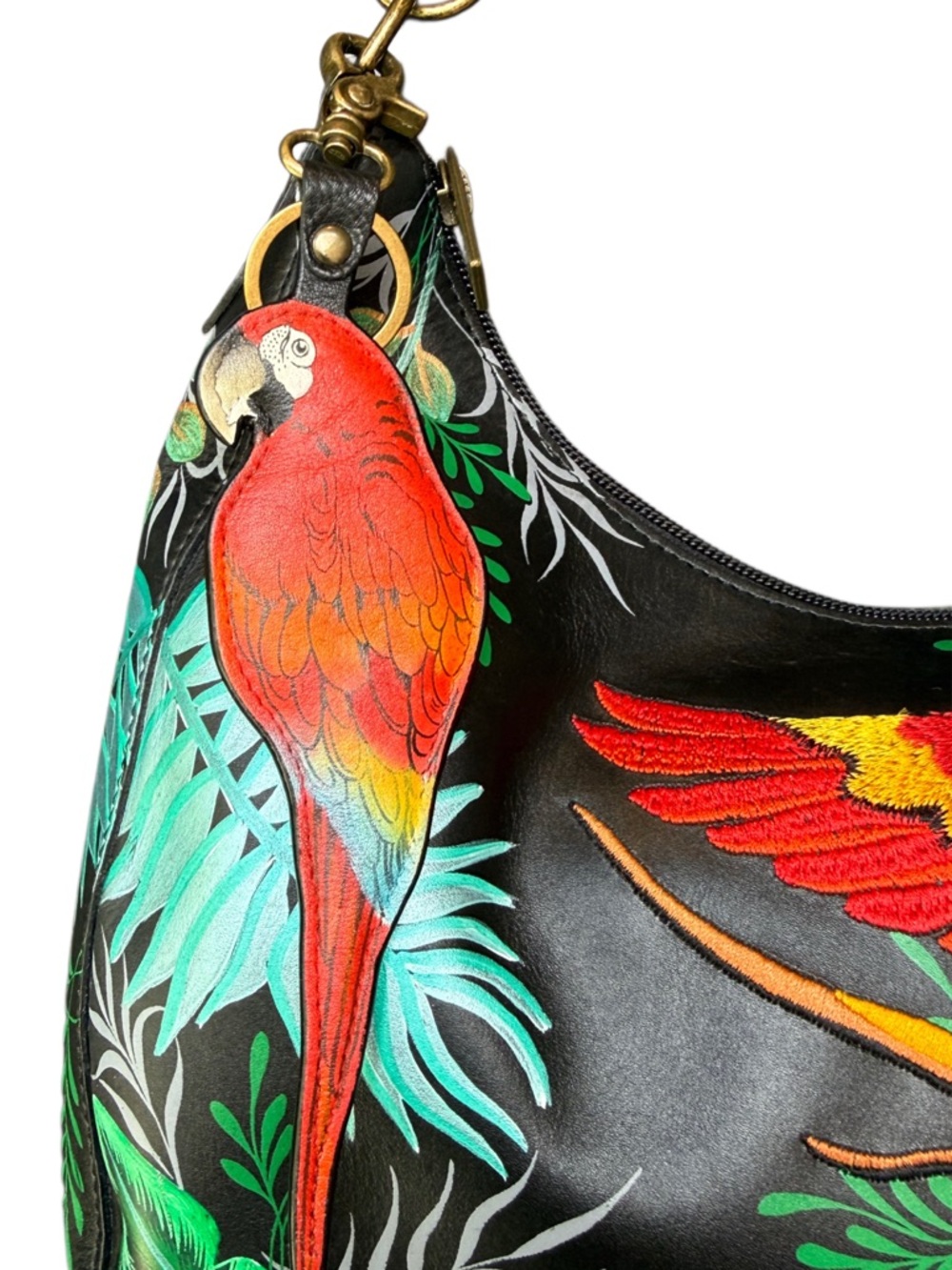 Anuschka Macaw Forest Painted & Embroidered Hobo Bag w/ Macaw Bag Charm - Picture 3 of 11